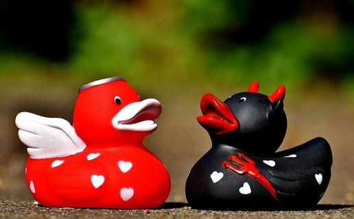 两个，红色，黑色，橡皮鸭，棕色，表面，魔鬼，天使