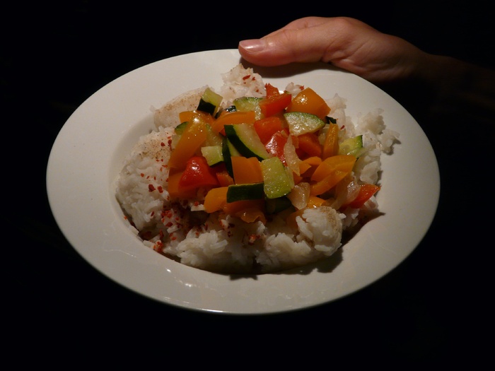 吃，米饭，辣椒，西葫芦，米饭，盘子，上菜，食物