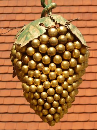 特写，照片，金色水果吊坠装饰，葡萄，黄金，葡萄酒，葡萄，藤叶