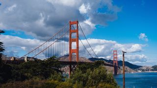 旧金山, 美国, 金门大桥, 云, 树, 红色, 蓝色, 白