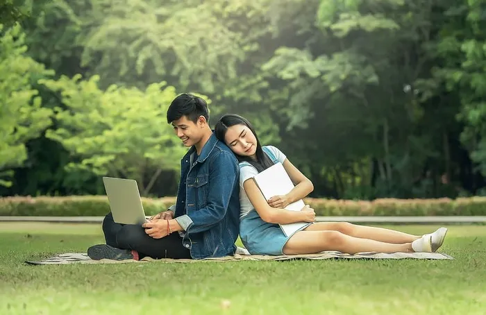 情侣们，坐着，绿色，棕色，纺织品，草地，疲惫，年轻
