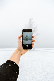 为被雪覆盖的树拍照的人