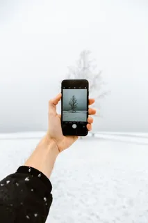 为被雪覆盖的树拍照的人