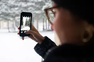 在树上拍照的女人