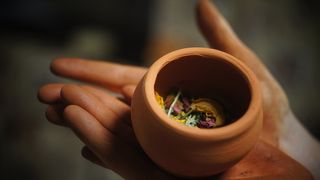 人的格子上有一个圆形的棕色陶罐