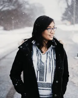 站在路中间的女人，有雪覆盖的区域