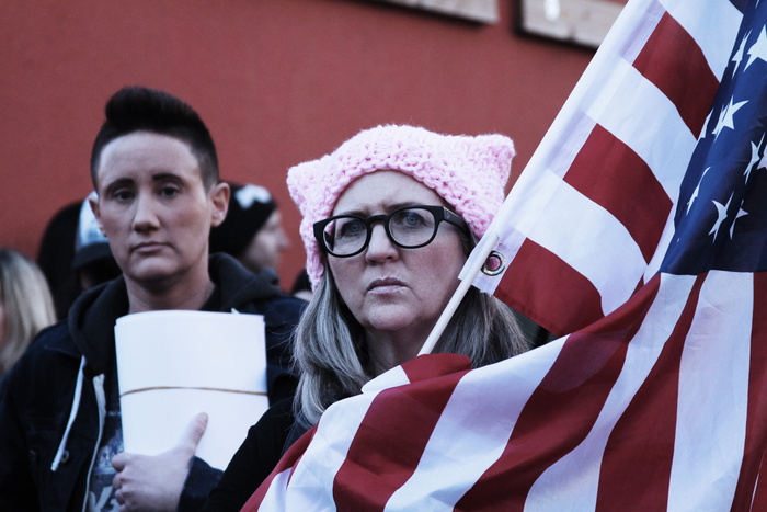 洛杉矶，国旗，女人，游行，女人游行，*，美国，肖像