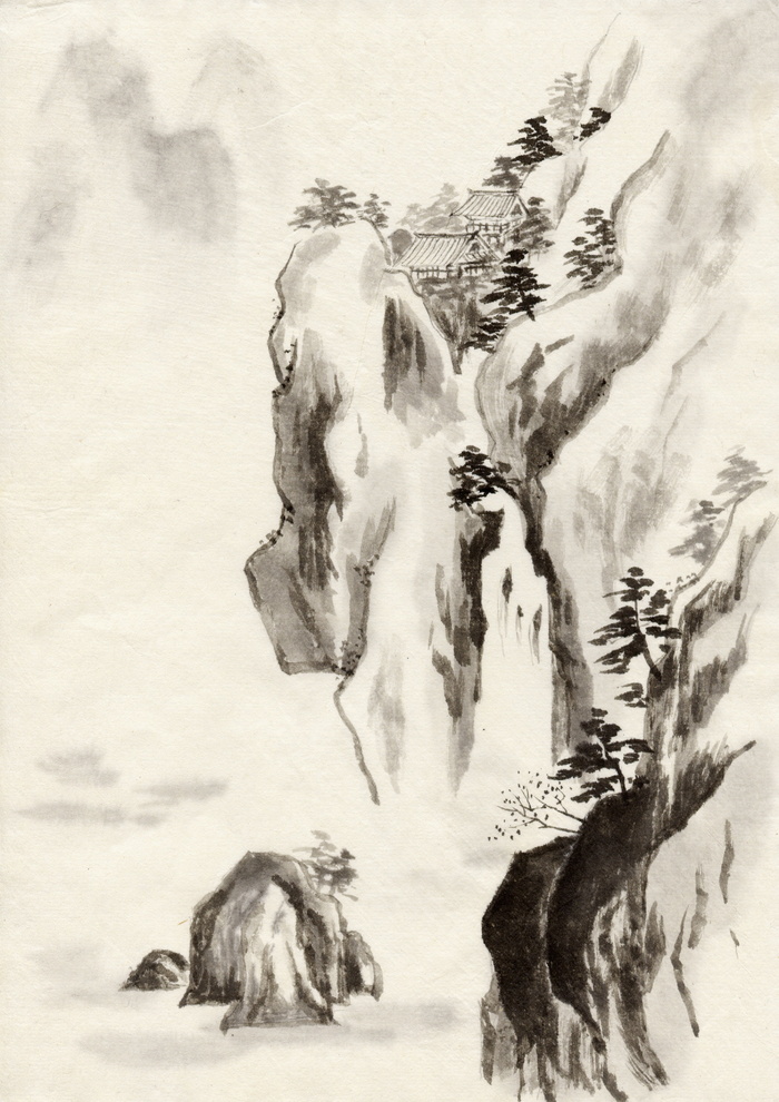 灰色、白色、山地插画、水墨、国画、山水、动物群、野生动物