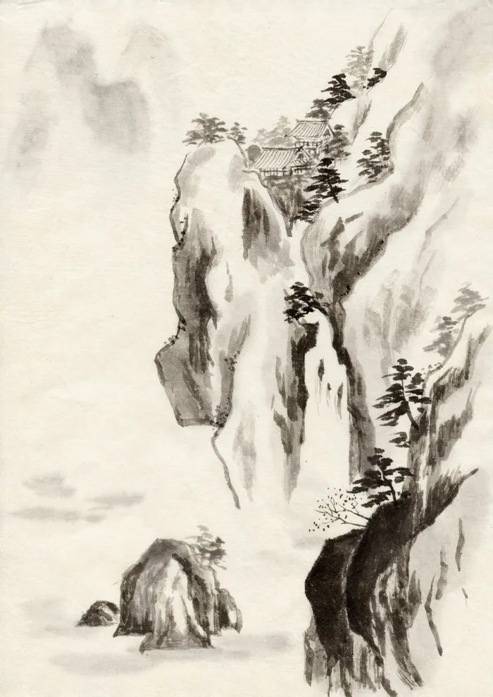 灰色、白色、山地插画、水墨、国画、山水、动物群、野生动物