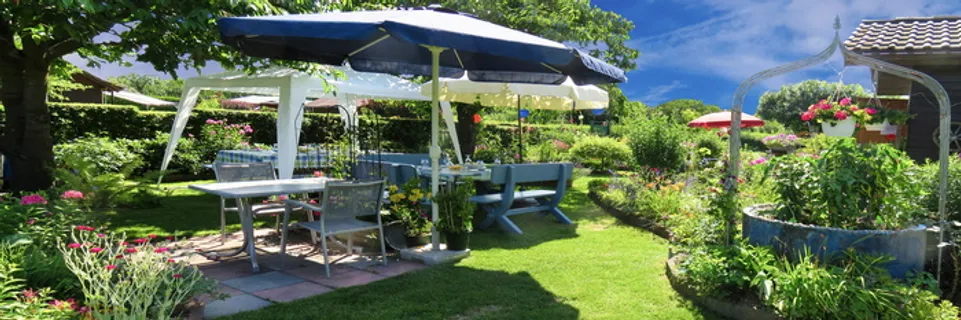 白色、蓝色、阳伞、长凳、绿色、植物、节日、花园