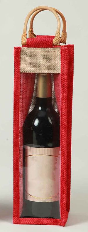 黄麻酒瓶袋，黄麻促销袋，黄麻透明瓶袋，红色，肖像，无人，看镜头，室内