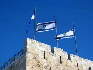 国旗、耶路撒冷、蓝色、天空、以色列、爱国主义、低角度视图、建筑