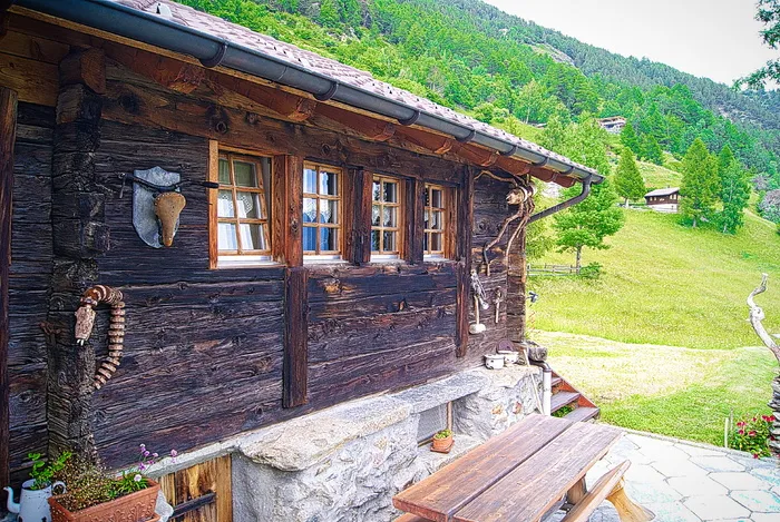 小屋、木材、山脉、自然、瑞士、春天、温暖、旅行