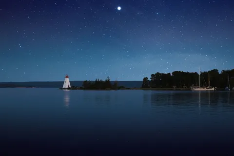 白色灯塔,蓝色,天空,星星,星系,夜晚,树木,植物 白色灯塔,蓝色,天空,星星,星系,夜晚,树木,植物