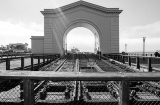 海湾地区，旧金山，黑白，太阳，海湾，码头，天空，轨道