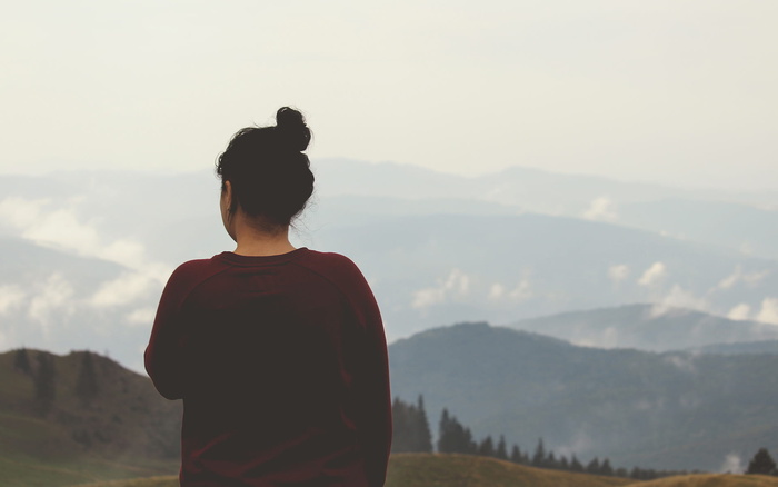 女孩，看，想，风景，自然，山，谷，山