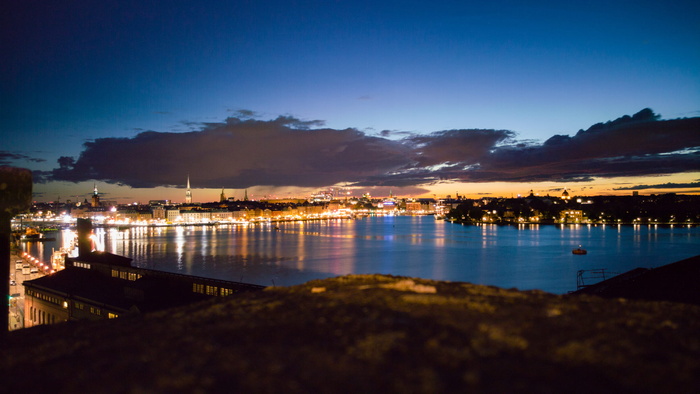 瑞典，斯德哥尔摩，fjällgatan，天际线，灯光，日落，城市，夜晚