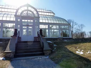 在新泽西州杜克农场的兰花温室后面，冬天阳光照耀着大地。