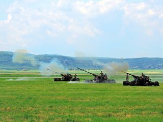 大炮，武器，炮弹，军队，白天，自然，战场，土地