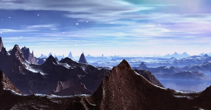 brown mountain peak、planet、discover、fantasy world、voyager、virtual landscape、model、sience虚构