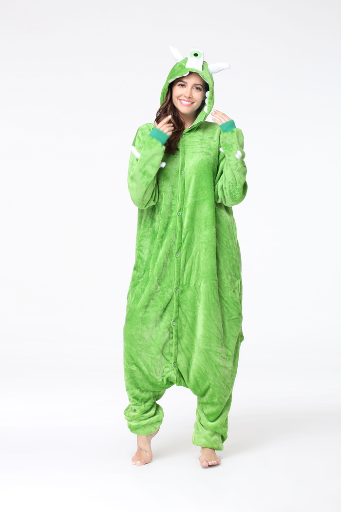 onesies，卡通睡衣，动物服装，绿色，工作室拍摄，一人，全长，看着相机