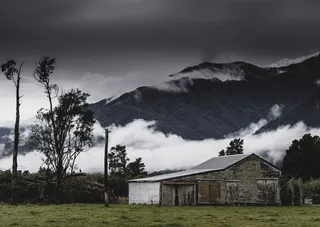 新西兰，franz josef，谷仓，乡村，雾，云，树，农场