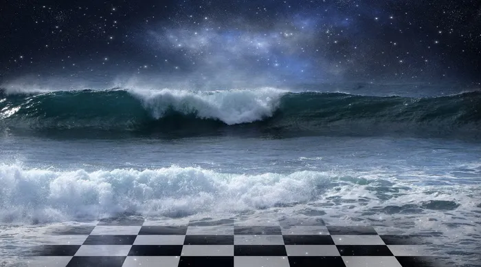 海浪，黑色，白色，格子地板，夜间，海洋，海洋，水