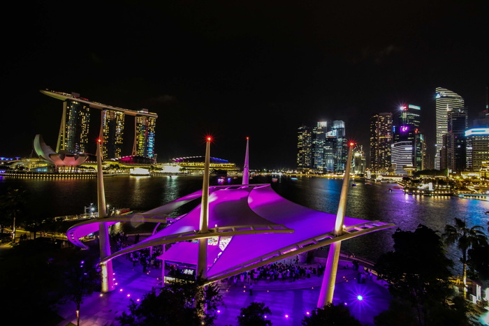 滨海湾金沙，新加坡，夜晚，建筑，城市，市中心，天际线，塔楼
