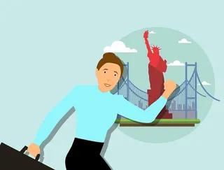 带着行李的旅行者和美国纽约市的地标。世界旅行插图。