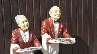 女，男，厨师，托盘，装满，硬币雕像，信托