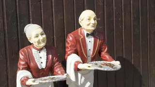 女，男，厨师，托盘，装满，硬币雕像，信托