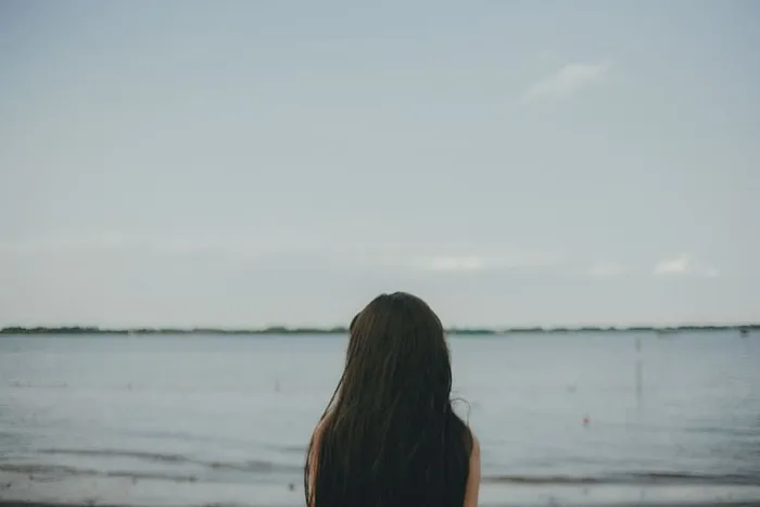 女人，女孩，女士，人们，背，沉思，自然，海洋