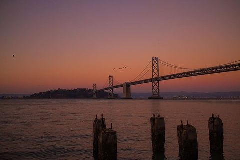 美国，旧金山，旧金山-奥克兰湾大桥，日落，海湾，旧金山，城市，桥梁