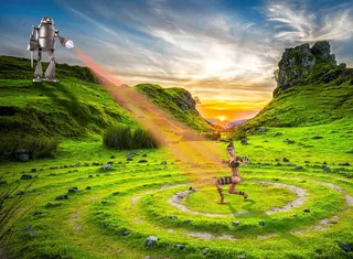 机器人, 石圈, 精灵, 光线, amazone, 激光, 手枪, 日出