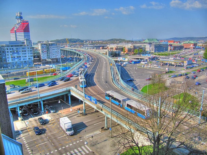 鸟瞰、城市建筑、瑞典哥德堡、城市、景观、公路、道路