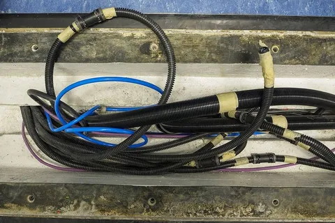 在地板开口处安装不同颜色的新管道。 在地板开口处安装不同颜色的新管道。