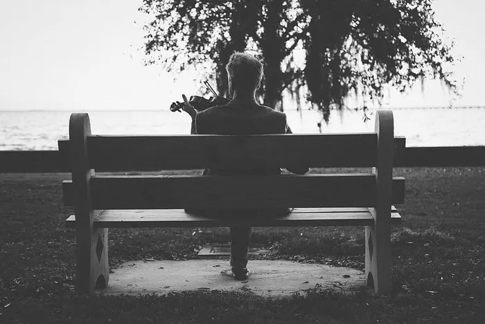 人，演奏，小提琴，坐着，棕色，木制，长凳，灰度