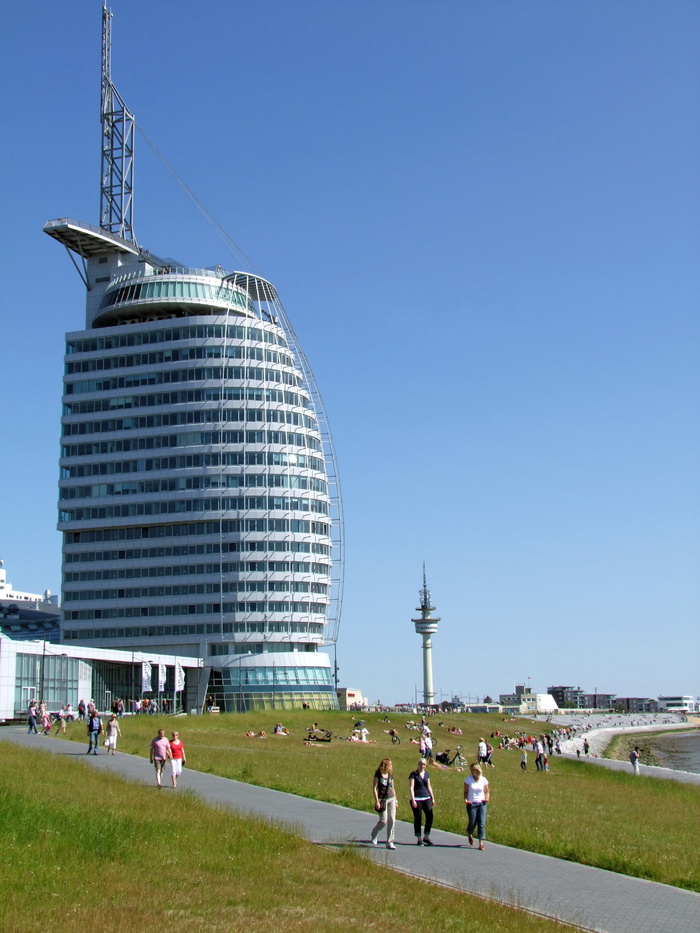 bremerhaven，建筑，建筑，赛欧城酒店，景观，观景台堤坝，韦瑟河上，旅游