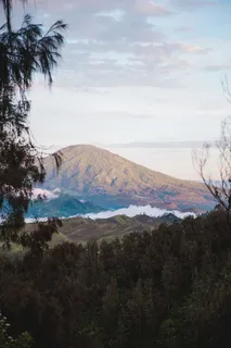 日落时被树木环绕的森林山脉 日落时被树木环绕的森林山脉