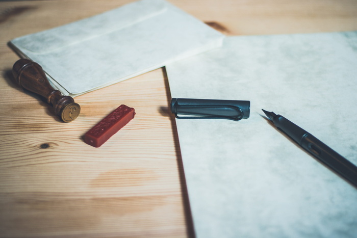 钢笔，邮票，棕色，表面，信件，信封，邮寄，离开