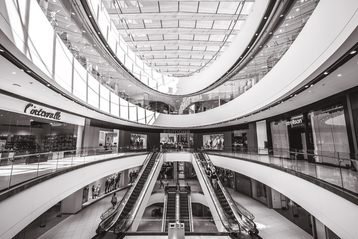 加拿大、渥太华、cf rideau中心、商店、人群、bw、黑白、未来主义