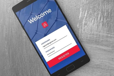 黑色、安卓智能手机、欢迎、注册、屏幕显示、灰色、表面、注册