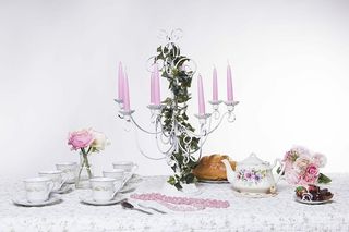 平板、排列、烛台、茶杯、蜡烛、装饰、鲜花、庆典