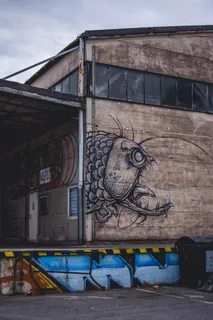 封闭的棕色建筑,带有怪兽鱼涂鸦摄影 封闭的棕色建筑,带有怪兽鱼涂鸦摄影