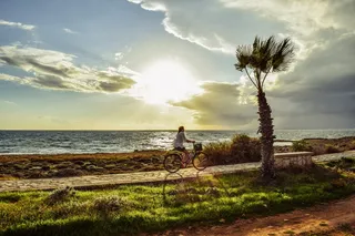 女子自行车，旁边，大海，日落，下午，风景，风景，小路
