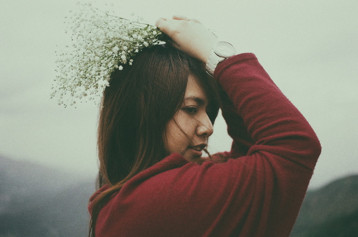 人物、女孩、女性、花朵、模糊、亚洲人、一人、肖像