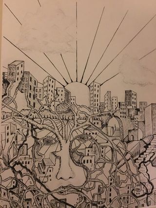 石墨绘画，墨西哥，玛雅，无人，天空，建筑结构，建筑，自然