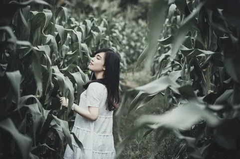被玉米树包围的女人