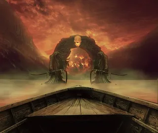 船，前面，骷髅拱插图，湖，漆，地狱，照片，photoshop