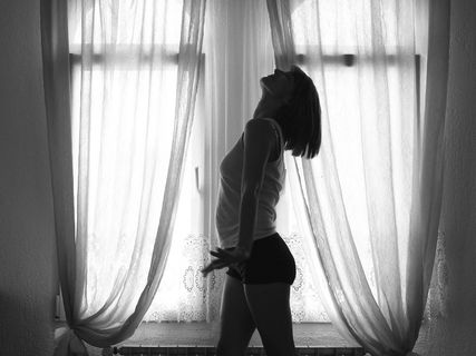 妇女, 窗口, 首页, 剪影, 返回, 舞蹈, 窗帘, 一个人